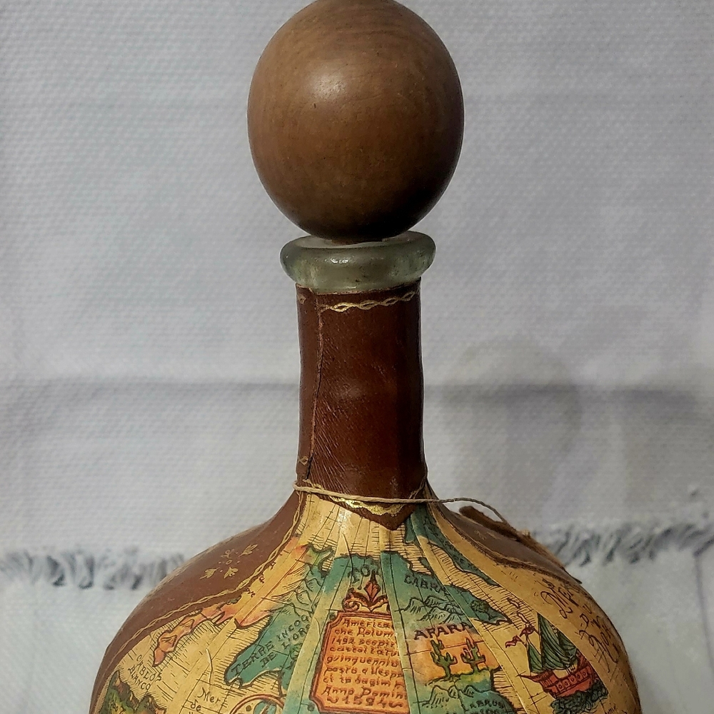 Vintage Decanter Made In Italy Leather Wrapped World Map Wine Glass Bottle.